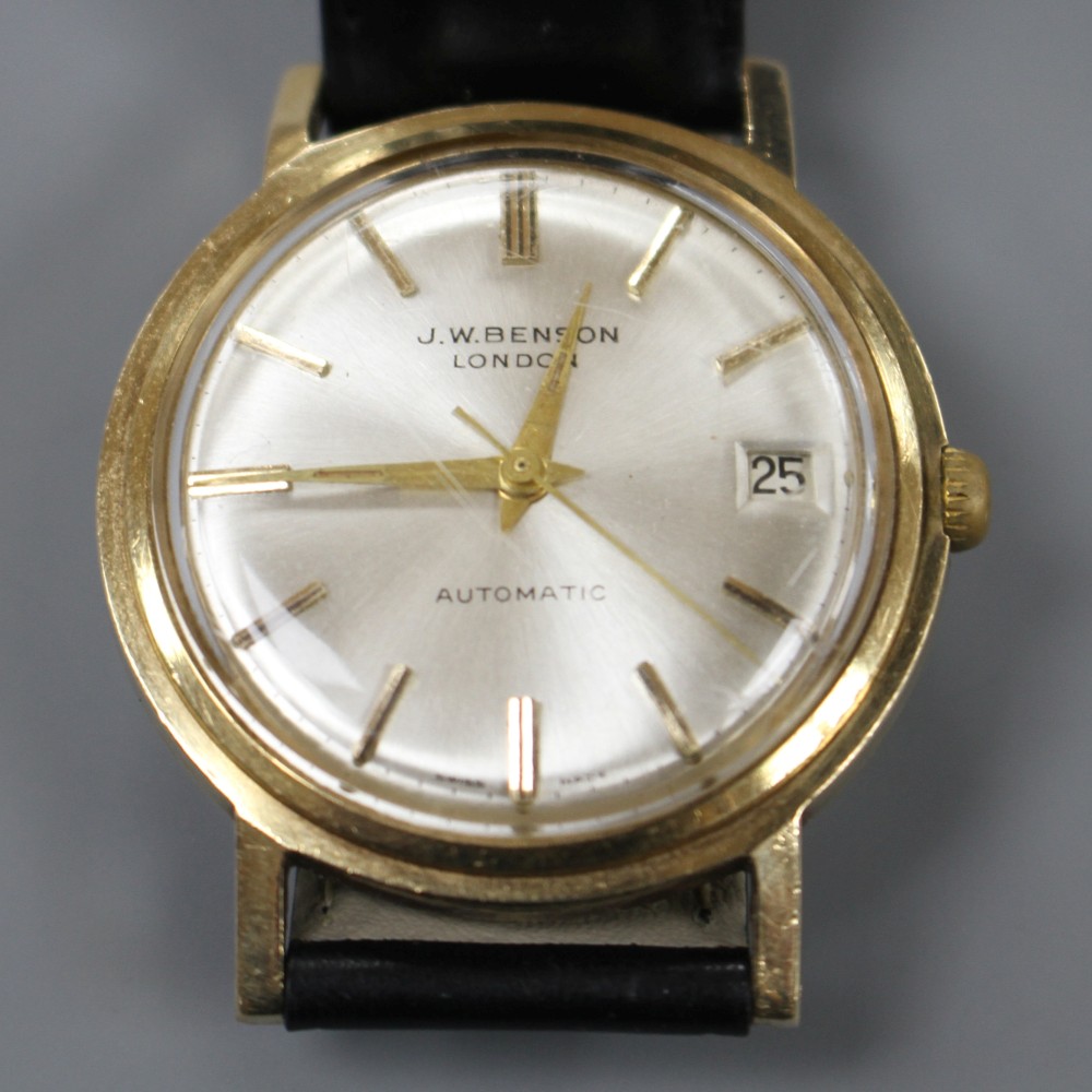 A gentlemans 1960s 9ct gold J.W. Benson automatic wrist watch, on later associated leather strap.